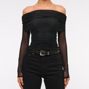 Off-Shoulder Black Mesh Long-Sleeve Bodysuit